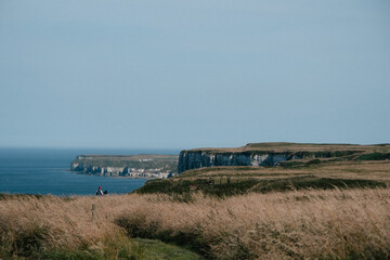 Obraz premium White chalk cliffs of Dover and Seven Sisters along the English coastline, with the blue, calm sea; empty landscape; field on cliff