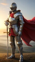 Obraz premium Medieval Knight in Shining Armor Standing.