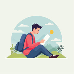 Young man with backpack sitting in nature, intently studying a map for his next adventure, symbolizing careful journey planning and outdoor exploration