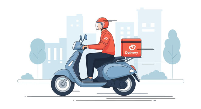 Delivery Man Riding Scooter with Food Box.