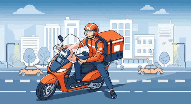 Delivery Man Riding Scooter with Package.