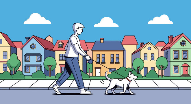 Man Walking Dog on Leash in Suburb.