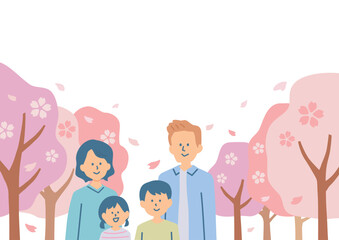 桜並木と家族の背景イラスト