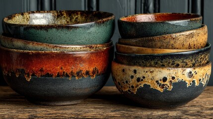 Fototapeta premium Handcrafted Ceramic Bowls on Oak Table for Interior Design Website Background Earthy Pottery Kitchenware Hospitality Branding