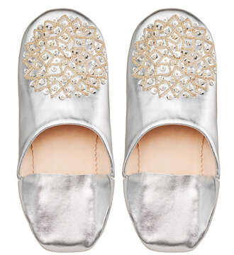 Silver Moroccan babouche slippers with ornate sequin embroidery isolated on white, PNG