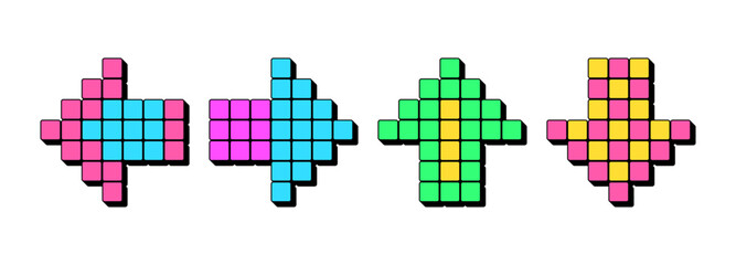Pixel arrow icon set. 3d arrow sign in pixel art style, retro game arrowhead, gaming digital cursor. Left right up down directions, move pointer and navigation. Arcade icon design, vector set