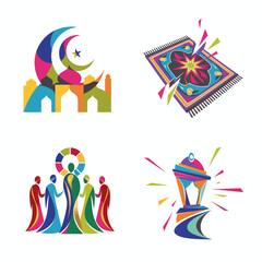 Ramadan Kareem Islamic Symbols Collection - Mosque, Prayer Rug, People, Lantern