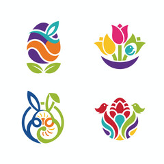 Obraz premium Easter Symbols Abstract Icons: Egg, Bunny, Flowers, Birds - Colorful Vector Art