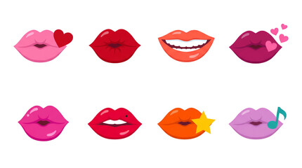 Fototapeta premium Lipstick kiss set including glossy, smiling, mole, heart, star, and music note variants isolated. Beauty and makeup expression collection.