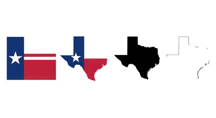 Fototapeta premium Four distinct graphic representations of Texas: official state flag, stylized outline with flag elements, solid black silhouette, thin black outline, arranged horizontally on a transparent background