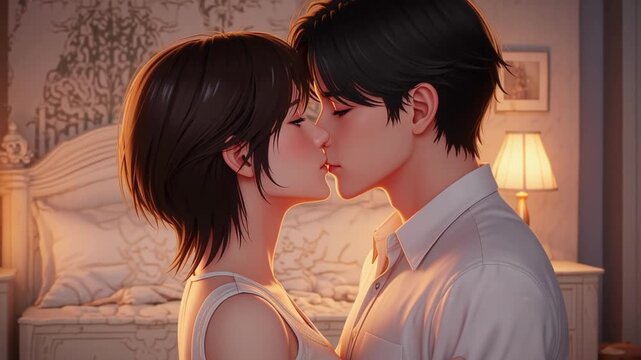 Young couple kissing deeply in bedroom, romantic animated illustration of lovers sharing intimate moment at home for relationship concept.