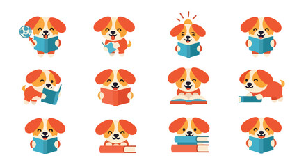 Fototapeta premium Set of Cartoon Puppies Reading Books