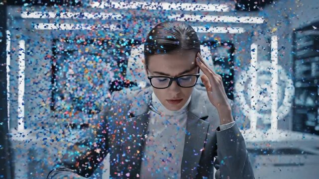 Young female computer scientist in a futuristic control room experiencing a painful headache as her head disintegrates and reforms, symbolizing burnout, stress, and digital information overload