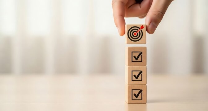 Business Strategy Execution and Goal Achievement. Hand stacking target block above completed tasks, representing priority focus vertical growth and achievement driven decision making.
