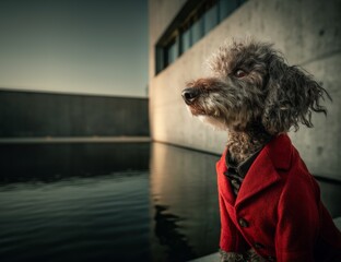 Side profile portrait of curly dog wearing red coat by modern building with water reflection