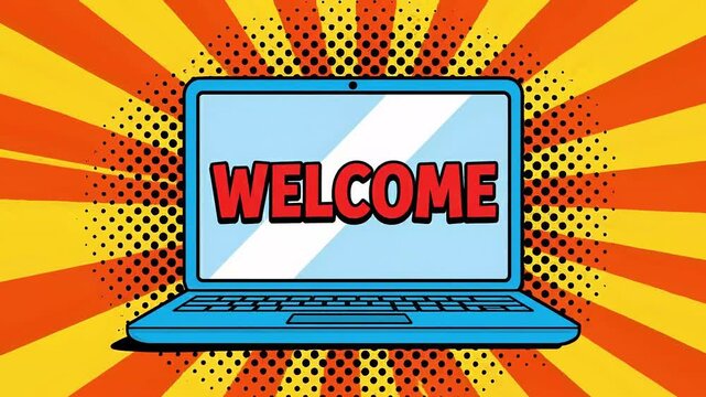 Blue laptop computer with the word welcome displayed on the screen against an orange and yellow sunburst background with small black dots
