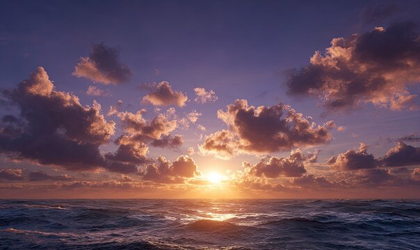 Sun bursts through clouds over a wavy, dark ocean at dusk, radiating warmth