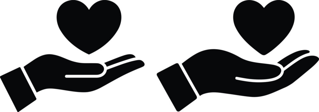 Black silhouette icon showing open hands presenting a heart, representing concepts of giving, care, health, philanthropy, and kindness; isolated vector symbol.