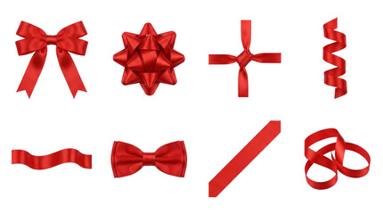 Fototapeta premium Red gift bow and ribbon collection including classic knots, star rosette, curled streamers, and satin strips isolated. Christmas and birthday present decoration.