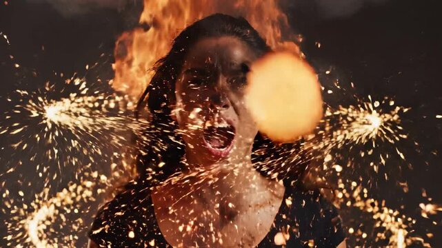 Conceptual representation of mental burnout and digital chaos, with a stressed woman screaming as her head explodes from information overload in a fiery blast of sparks and flames