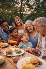 Fototapeta premium Happy multiethnic family sharing outdoor dinner at table in backyard during sunset