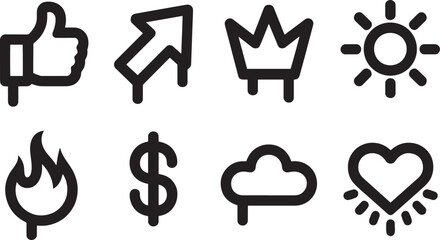 Obraz premium Black Line Icons of Thumbs Up, Arrow, Crown and Sun, Flame, Dollar, Cloud, Heart
