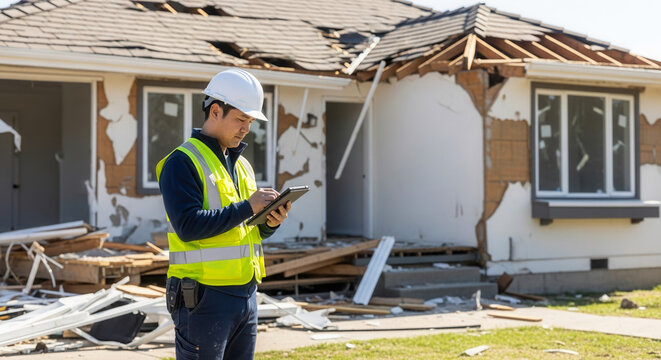 Asian male building assessor inspecting storm damage on house, professional evaluation and disaster assessment
