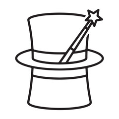 A magical top hat with a star wand sits alone in silhouette vector outline icon use as a symbol, web graphic design, and infographic icon