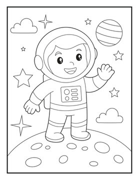 Easy Space Astronaut Coloring Page for Kids. Cute Astronaut in Outer Space Scene. Bold and Easy Line Art for Children.
