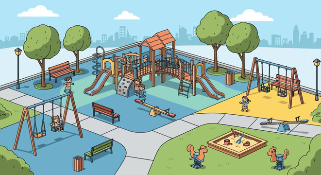 Children Playing in Playground with Equipment.