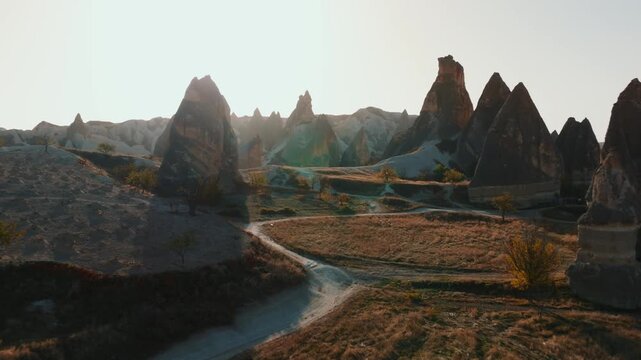 Scenic view of Love Valley in Cappadocia, Turkey, famous for its unique rock formations and fairy chimneys shaped by volcanic activity and erosion.