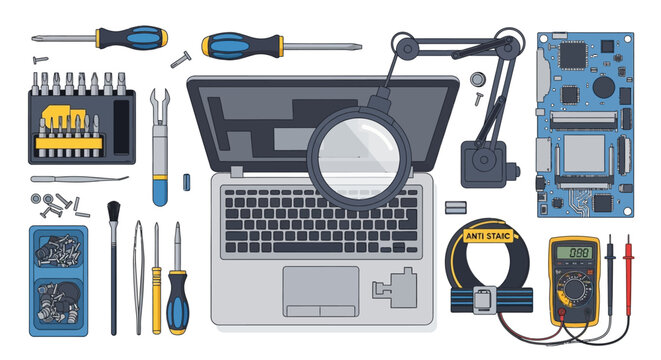 Laptop Repair Tools and Electronic Components.