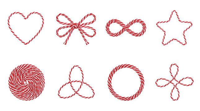 Red and white bakers twine set including heart, bow, infinity, star, spiral, and celtic knot shapes isolated. Decorative craft and gift wrapping elements.
