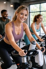 Fototapeta premium Smiling woman exercising on stationary bike during indoor fitness workout at modern gym