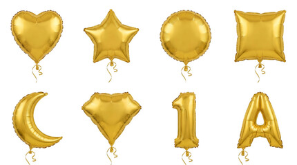 Golden foil balloon set including heart, star, circle, square, crescent, diamond, number one, and letter A shapes isolated. Shiny metallic party decoration and anniversary collection.