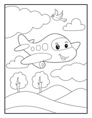 Fototapeta premium Friendly Jet Airplane Vector Line Art for Kids. Isolated Black and White Outline of a Commuter Plane for Children's Activity Books.