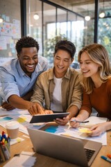 Obraz premium Diverse team working together in office on laptops sharing ideas and collaborating on business project