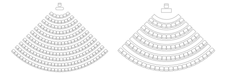 Fototapeta premium Auditorium seat plan. Quadrant arrangement of seats and desks in amphitheater with place spectators. Top view of scheme of meeting, conference, training, lecture or entertainment. Vector illustration.
