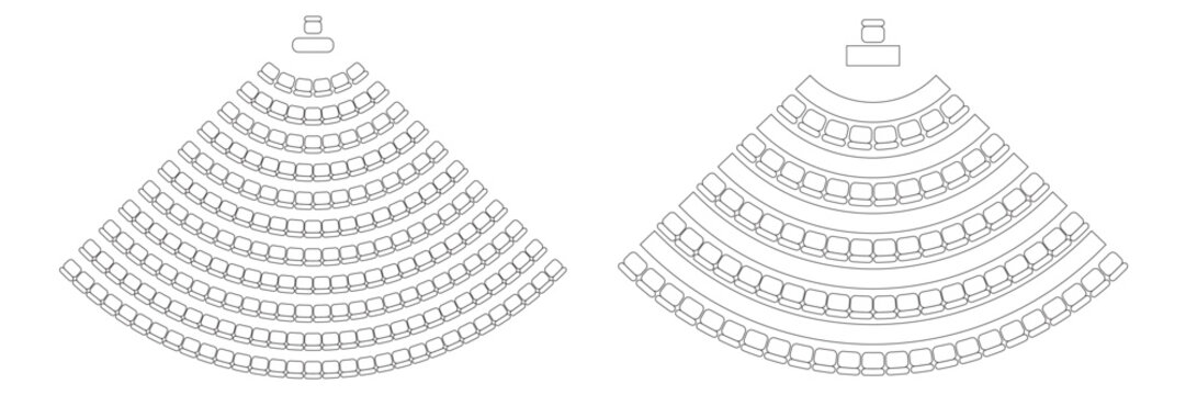 Auditorium seat plan. Quadrant arrangement of seats and desks in amphitheater with place spectators. Top view of scheme of meeting, conference, training, lecture or entertainment. Vector illustration.