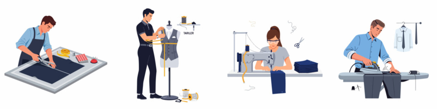 Set of flat illustrations showing tailoring and garment production steps: fabric cutting, body measuring, machine sewing, and clothes pressing.