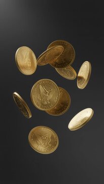 Golden one dollar coins featuring president eisenhower and the apollo 11 insignia slowly falling and spinning against a dark, dramatic background, symbolizing wealth, finance, and prosperity