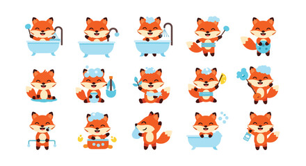 Obraz premium Cartoon Fox In Various Bathing Poses