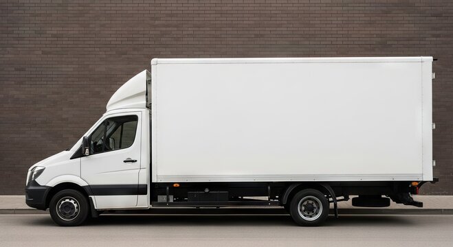 A white delivery van is parked on a paved surface next to a dark brown brick wall. The side view shows its blank cargo area, presenting possibilities for branding or advertising.