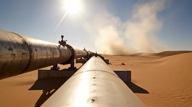 Endless steel pipelines for transporting crude oil and natural gas running through a vast desert, representing the global energy crisis, fuel price, and the fossil fuel industry impact