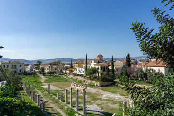 Archaeological Site of the Roman Agora in Athens Greece featuring the Gate of Athena Archegetis and Fethiye Mosque surrounded by Historic Plaka Architecture