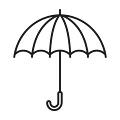 A simple black line drawing of an open umbrella silhouette vector outline icon use as a symbol, web graphic design, and infographic icon