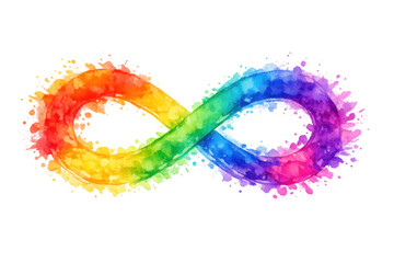 Rainbow watercolor infinity symbol representing autism neurodiversity, awareness, and acceptance with colorful paint splashes