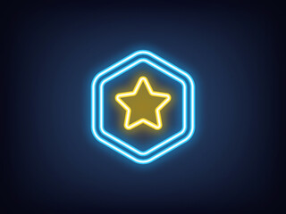 Outline neon star token icon, blue yellow. Neon crypto token with star icon. Crypto coin prize, win virtual money, game reward, cryptocurrency earn, award, digital token and altcoin. Vector