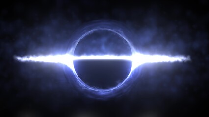 Bright black hole in open space with spinning energy particles, cosmic sphere in blue and purple color glowing abstract background © Bolbik