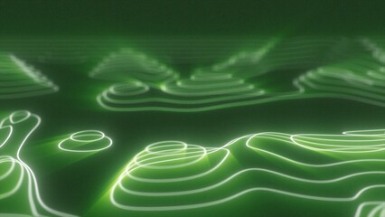 Abstract green looped futuristic hi-tech landscape with mountains and canyons from glowing energy circles and magic lines background © Bolbik